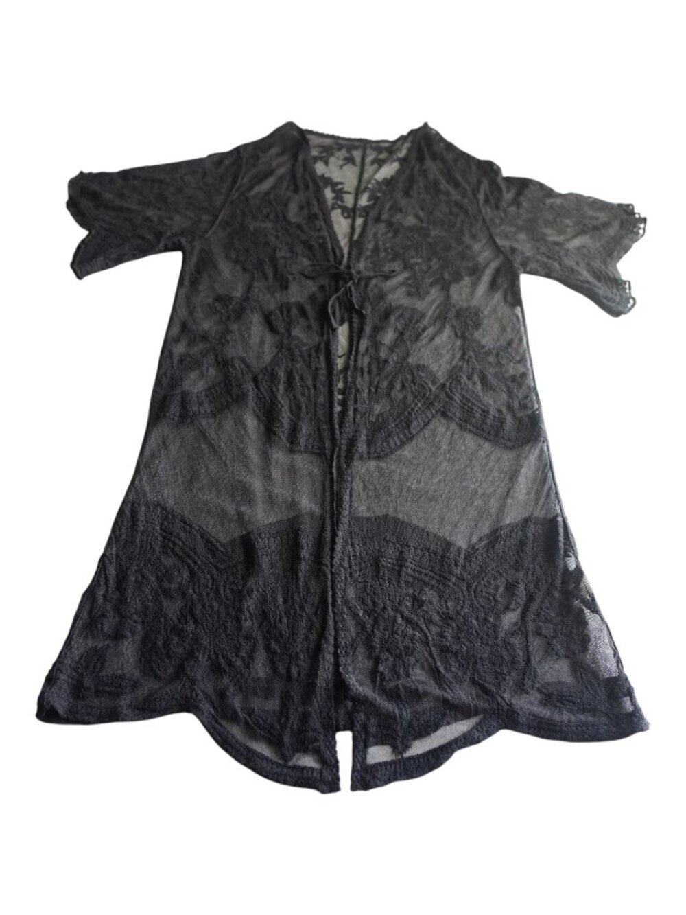 Black Lace Duster Kimono Robe One Size Sheer Gothic Boho Resort Cover Up EUC - Picture 3 of 8